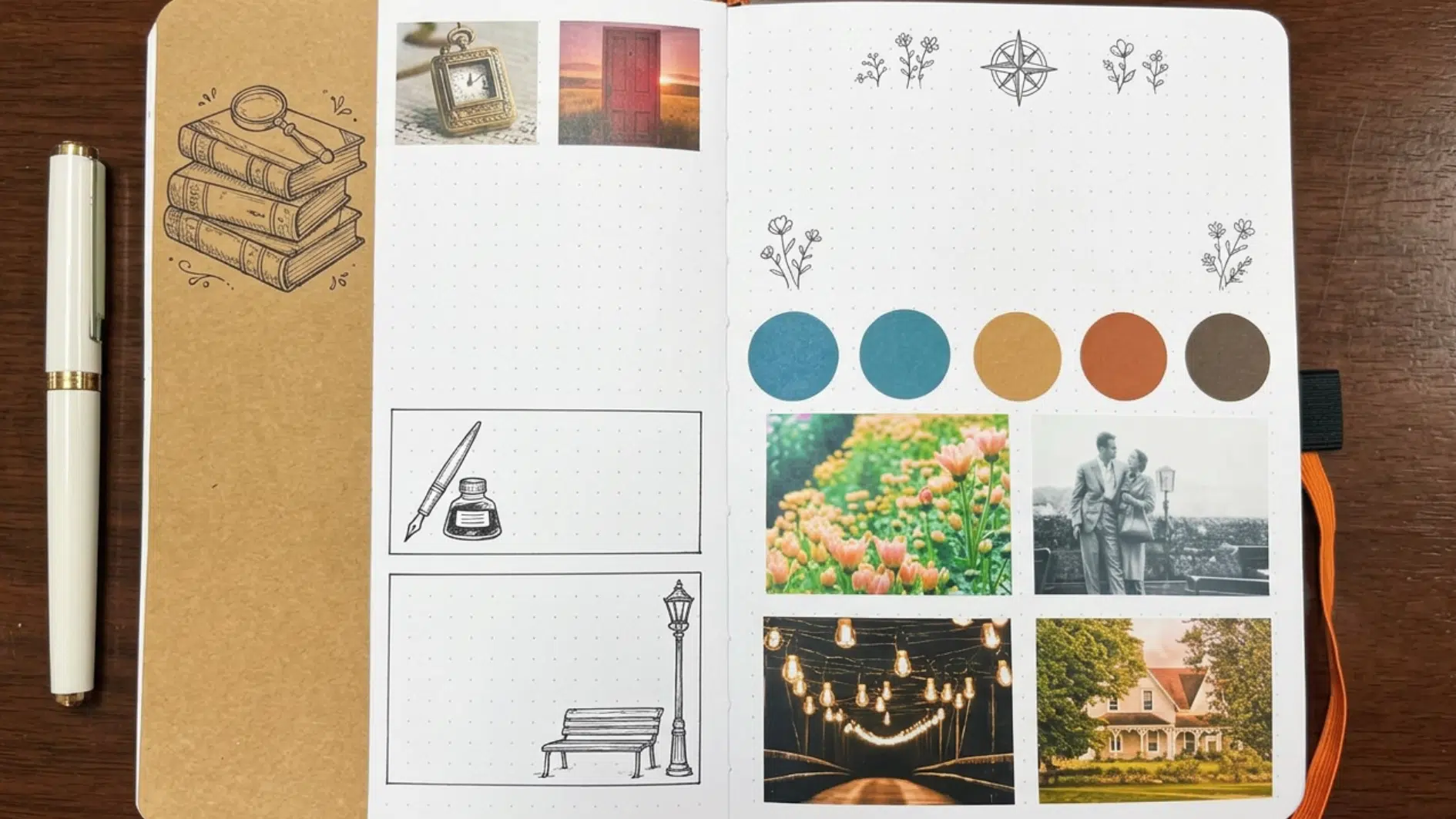 book review journal page with photos and sketches