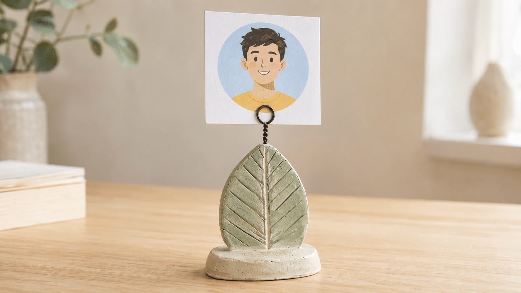 leaf shaped clay photo holder with a wire loop