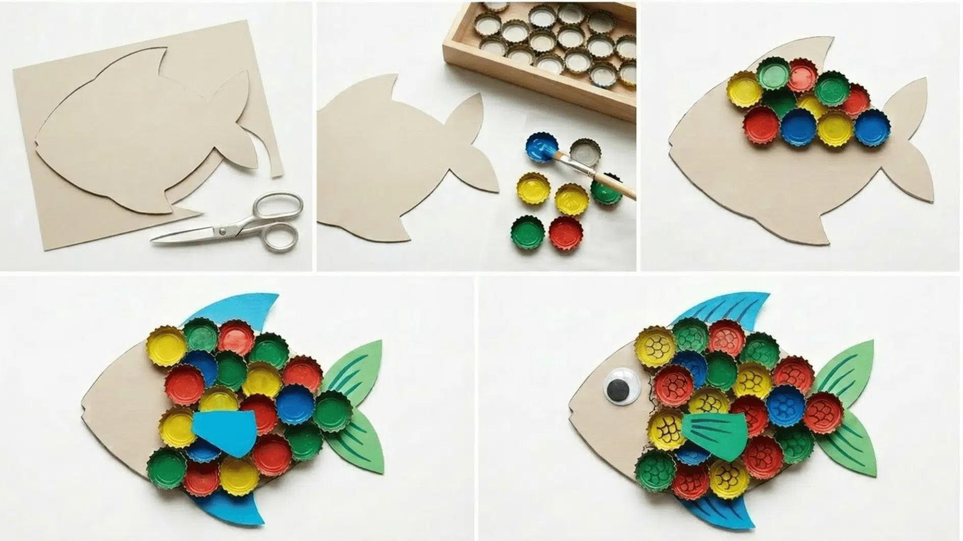 five step bottle collage showing cardstock fish cut out, bottle caps being painted, caps glued as scales, fins attached, and finished fish with googly eye