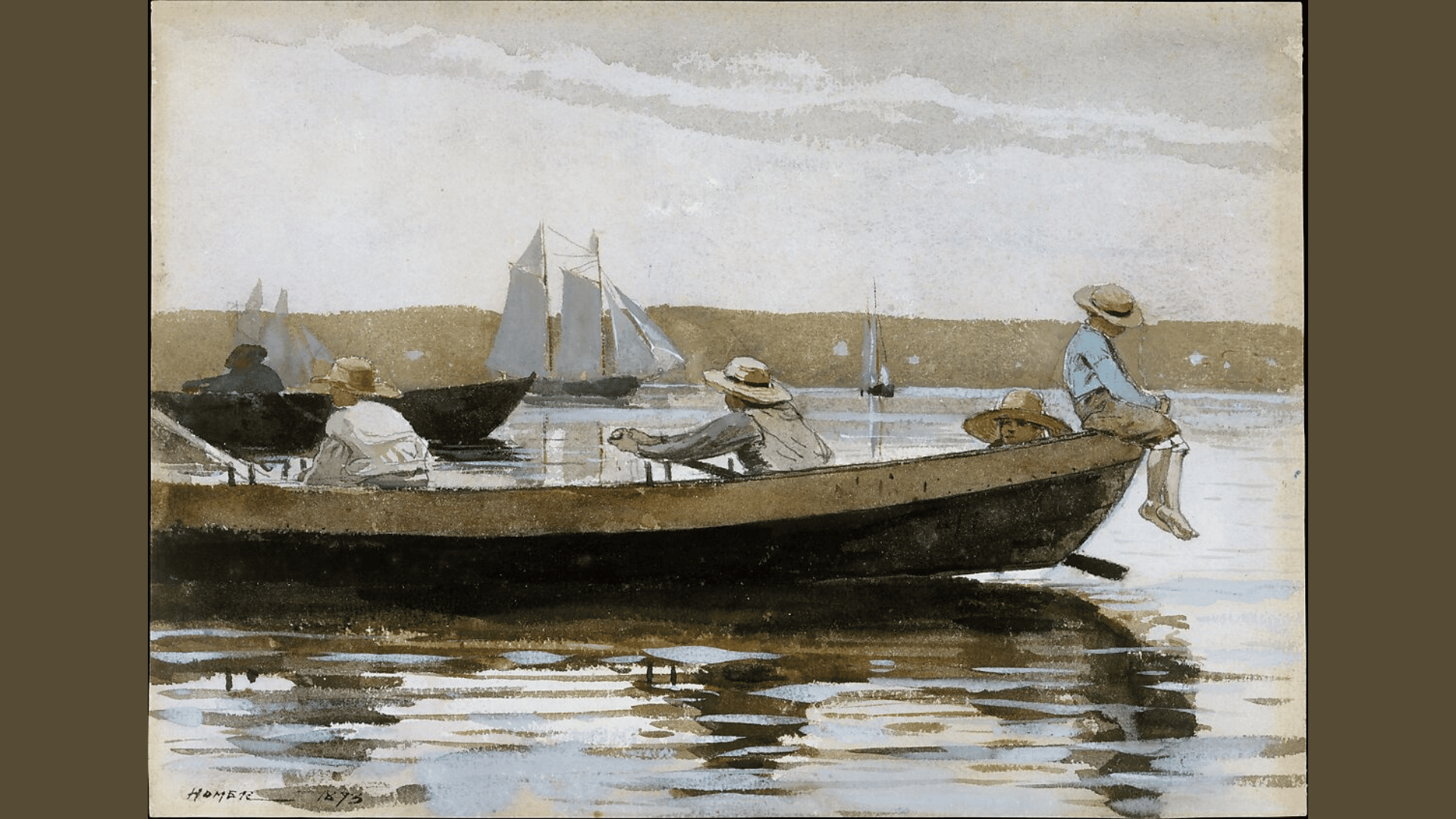 winslow homer's boys in a dory showing two boys seated in a small sailboat on the water of gloucester harbor