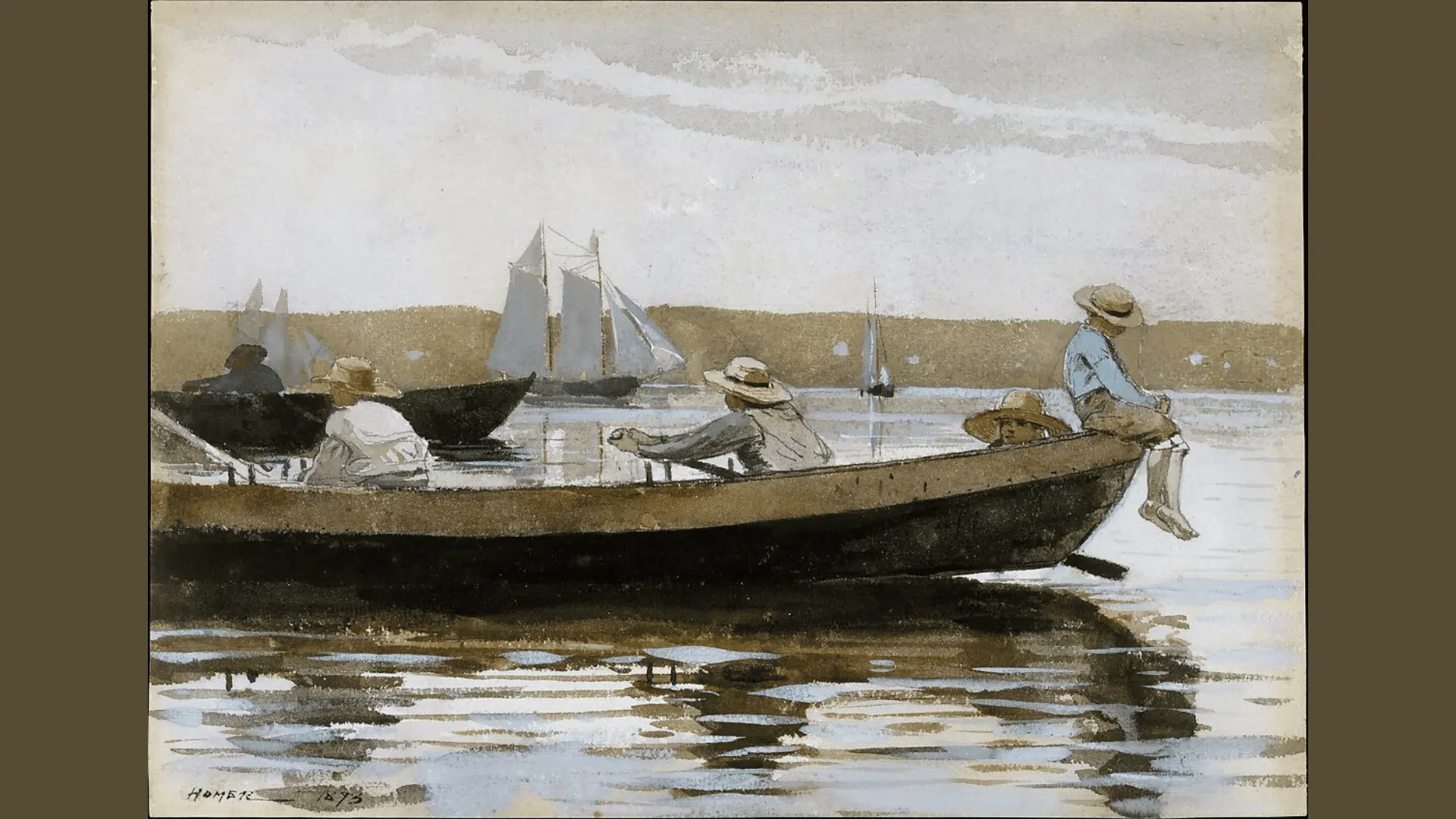 winslow homer's boys in a dory showing two boys seated in a small sailboat on the water of gloucester harbor