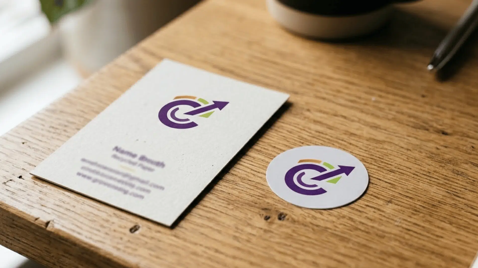 brand identity board with a purple logo mark and orange and green accents on business cards and icons