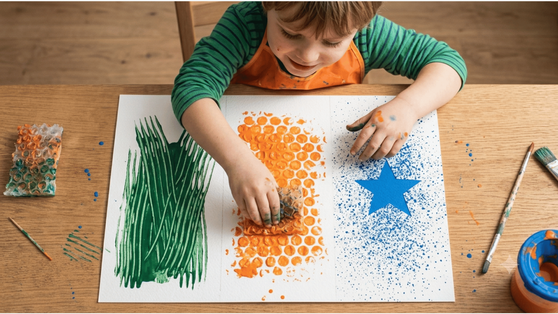 finger painted flowers sponge clouds and painted rocks on a craft table