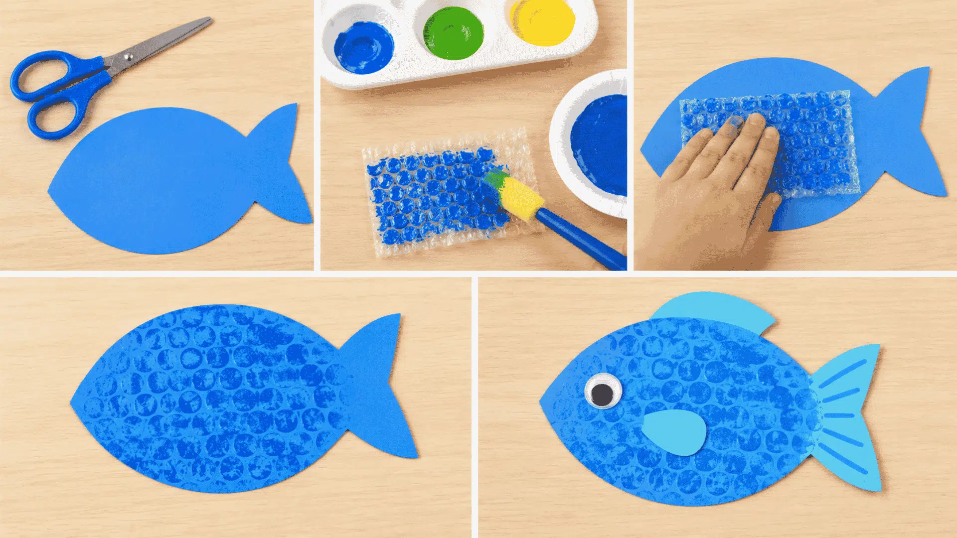 Bubble wrap with painted scale texture, googly eye, and paper fins.