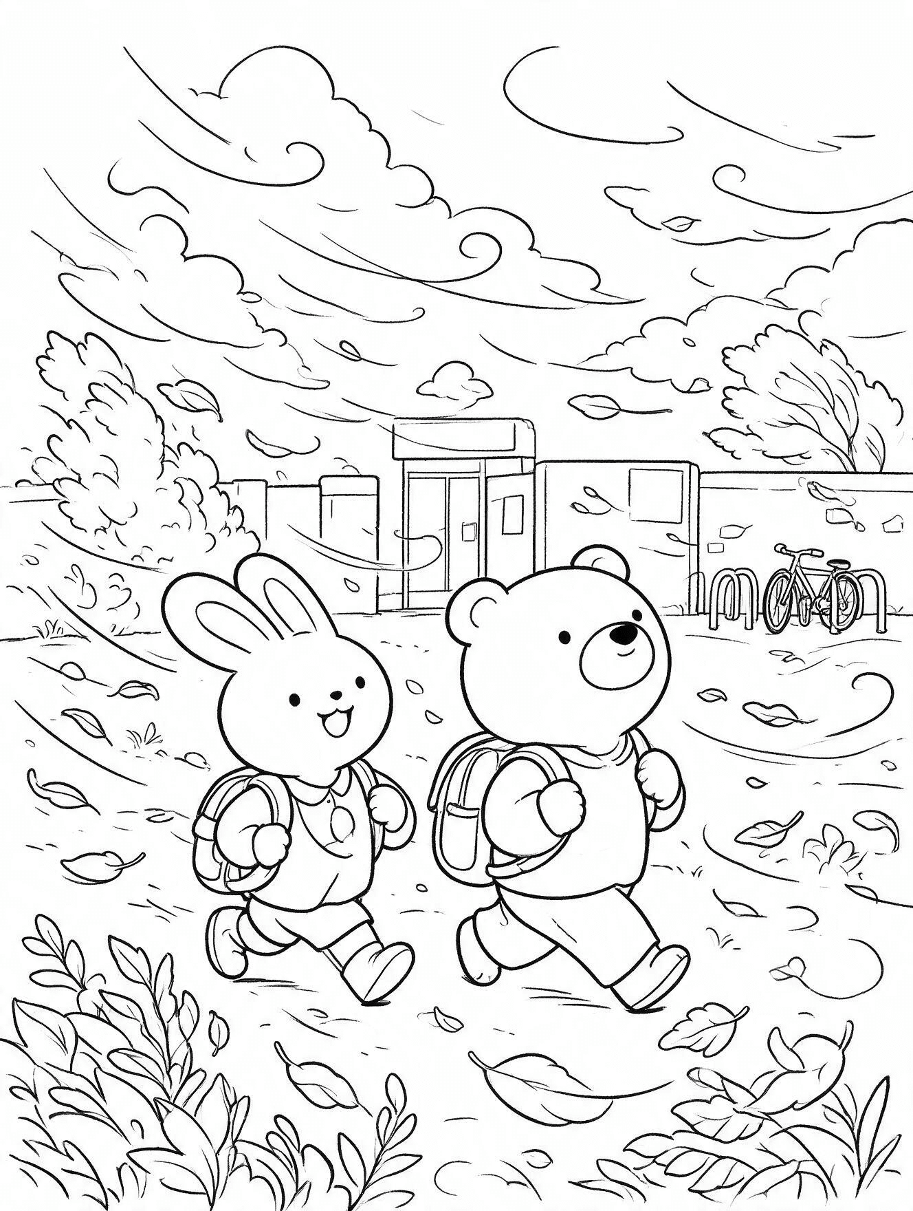 Bunny and bear walking through a windy schoolyard with backpacks, leaves, bikes, and clouds.