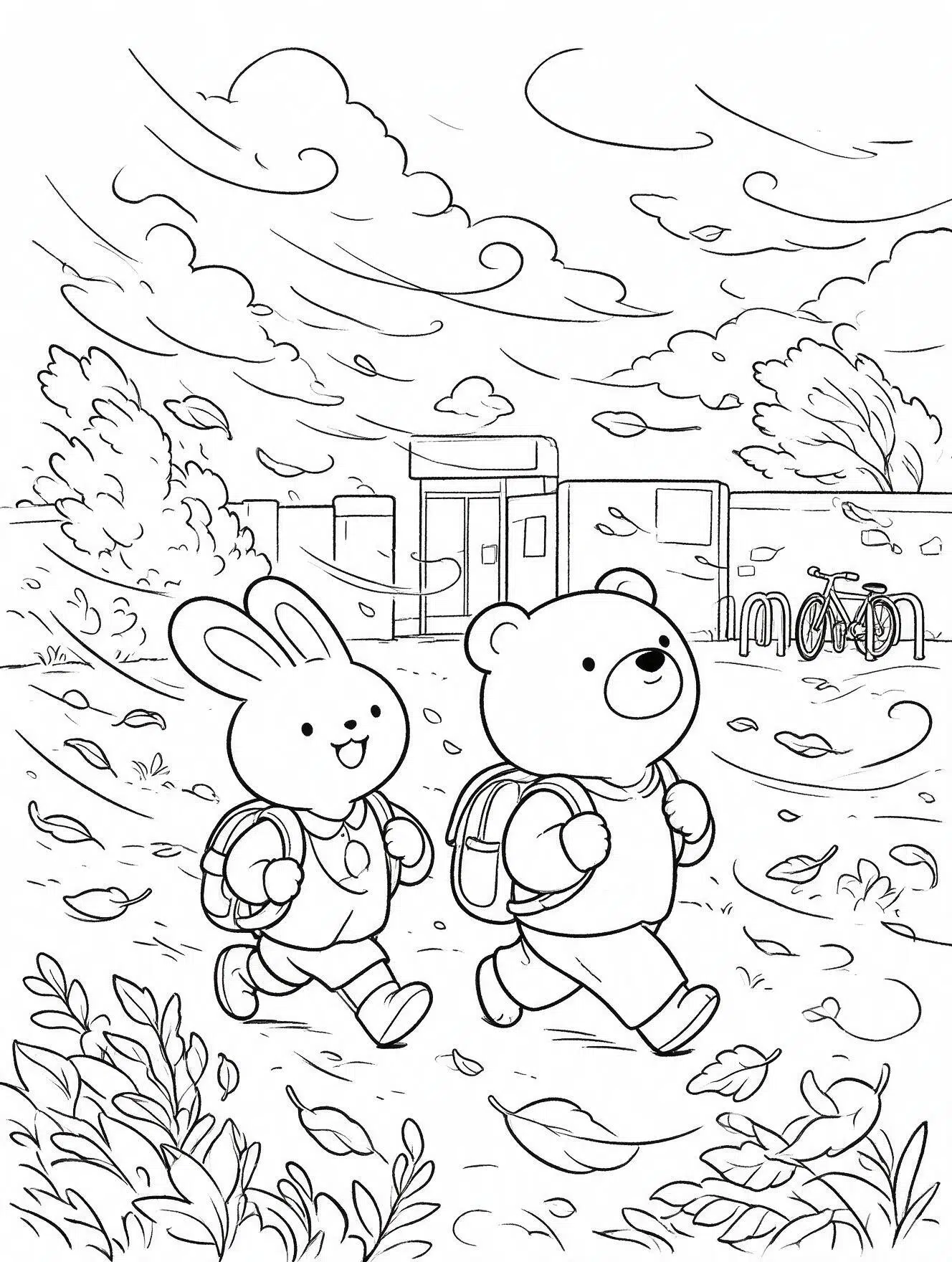 Bunny and bear walking through a windy schoolyard with backpacks, leaves, bikes, and clouds.