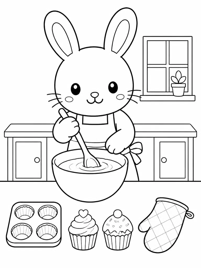 apron wearing bunny stirring cupcake batter at a kitchen counter