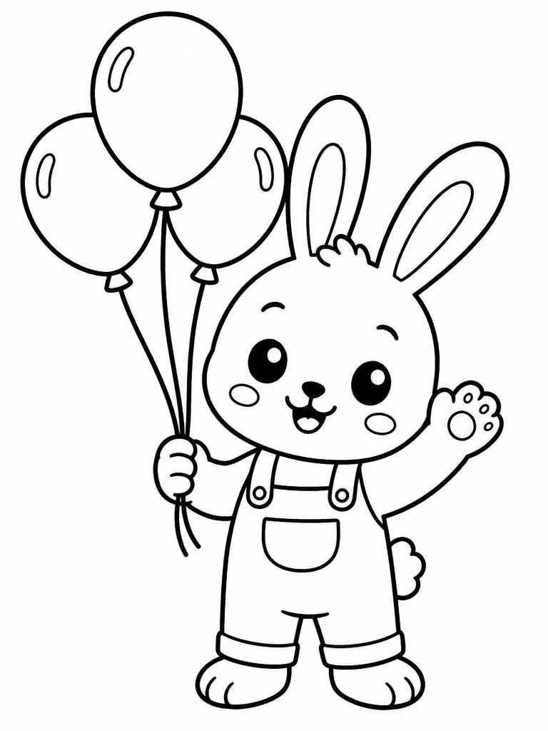 standing bunny waving while holding three round party balloons