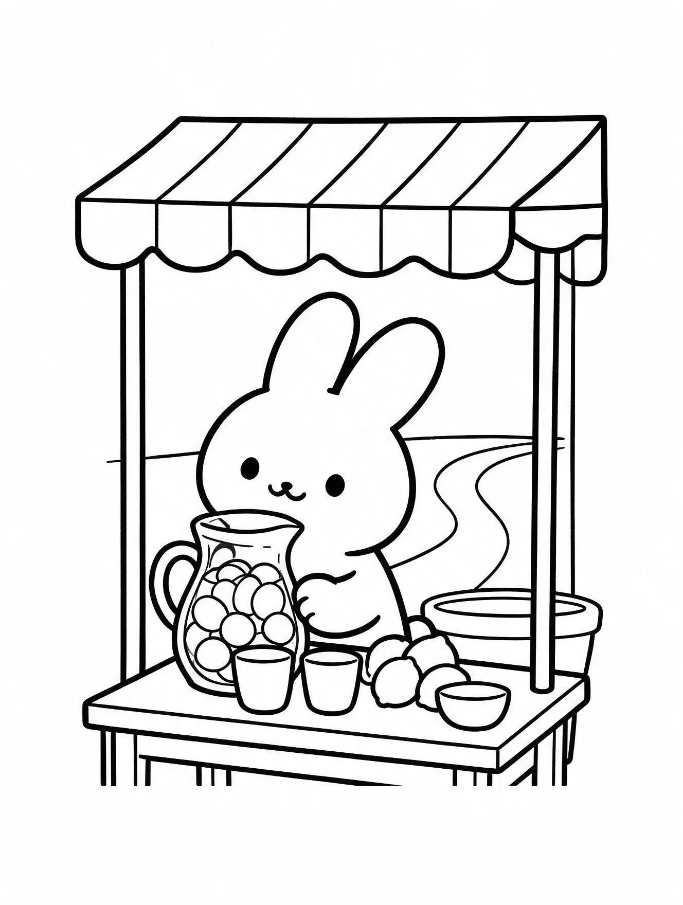 bunny standing behind a lemonade table with cups and lemons