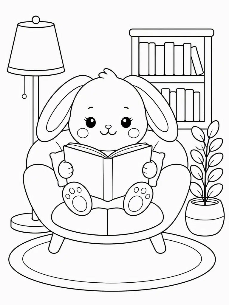 bunny reading a picture book in a cozy chair