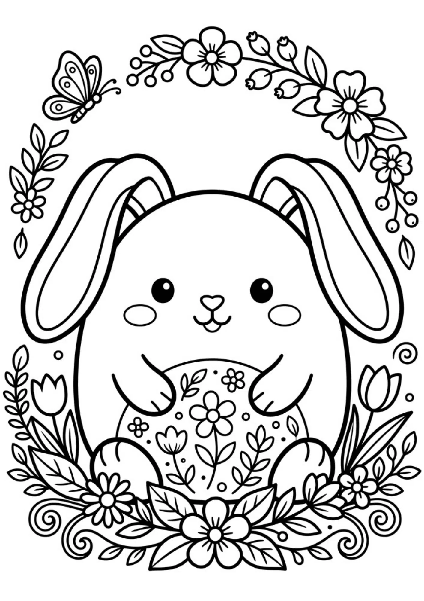 bunny squishmallow coloring page with spring flowers and cute character details for printable black and white coloring fun