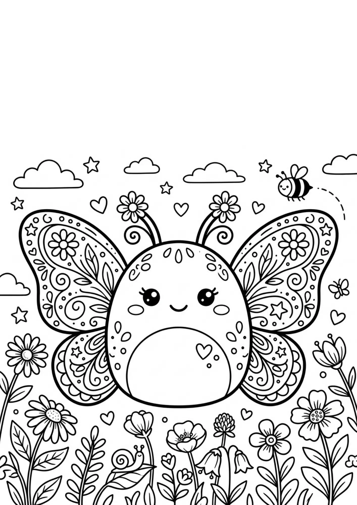 butterfly squishmallow coloring page with patterned wings and printable black and white nature themed coloring design
