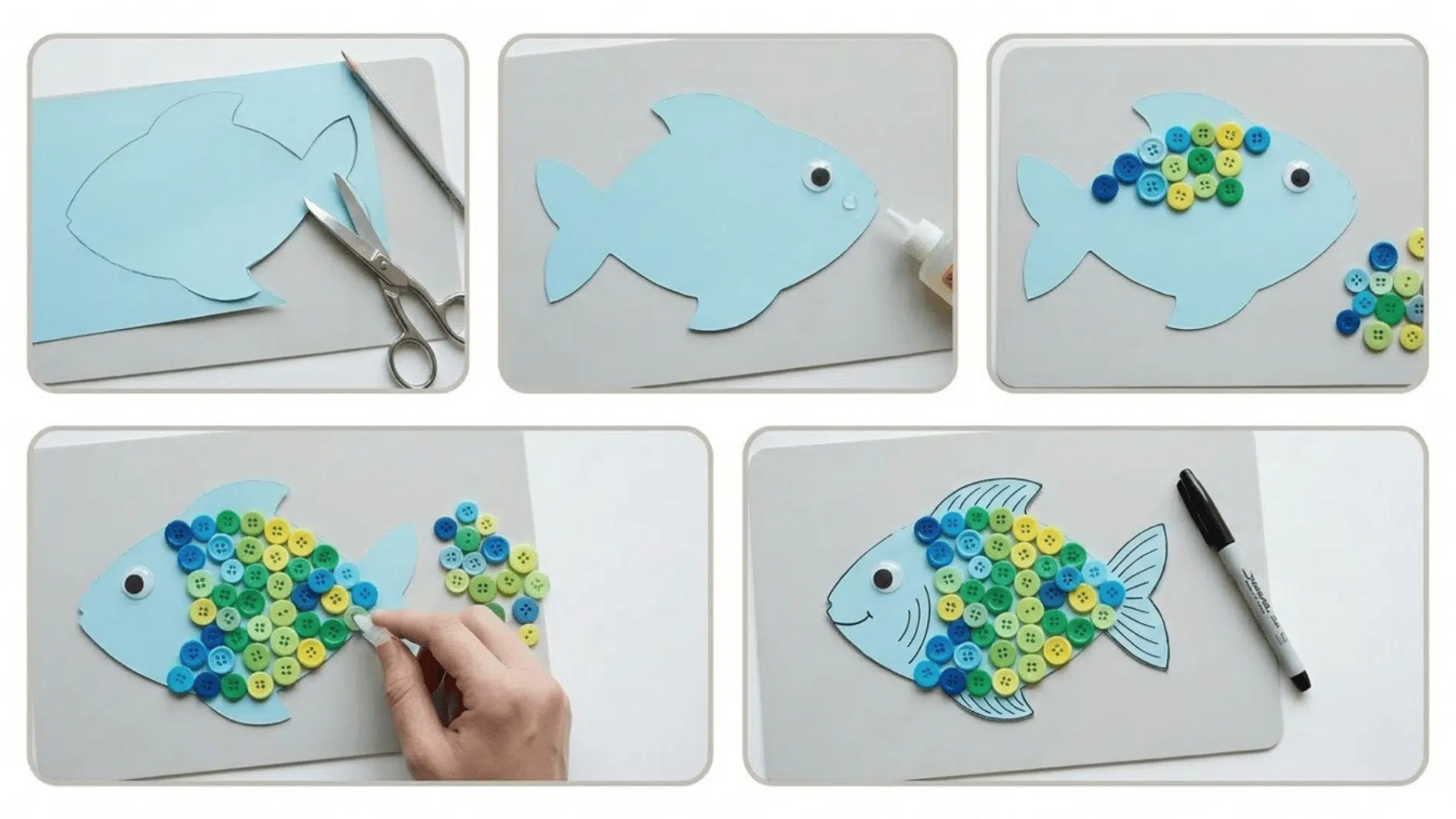 five panel tutorial showing a blue paper fish cutout decorated with a googly eye, colorful buttons as scales, and black marker details on the fins and face
