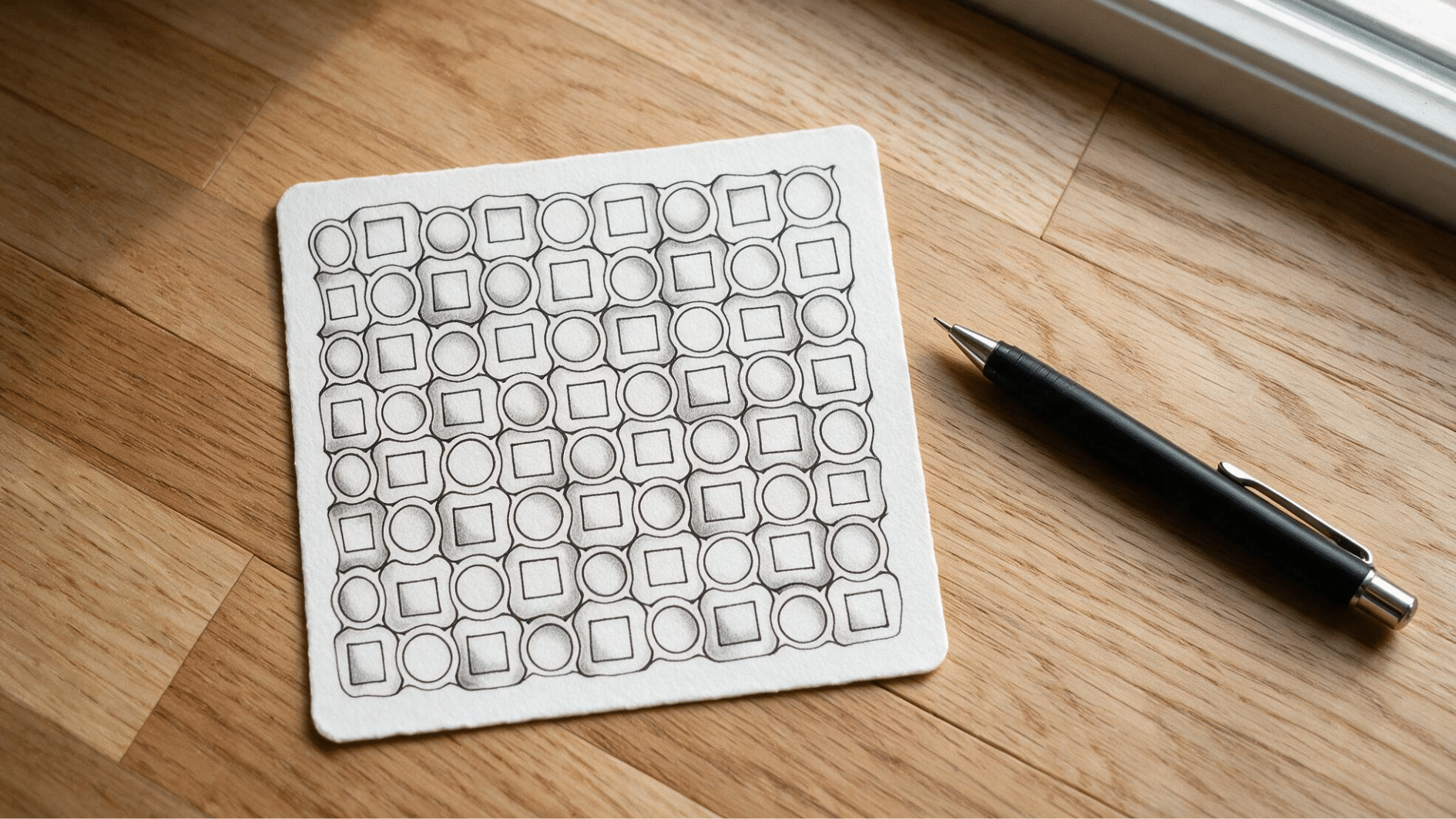cadent zentangle pattern with repeating circles, squares, curved lines, and gentle shading on white paper