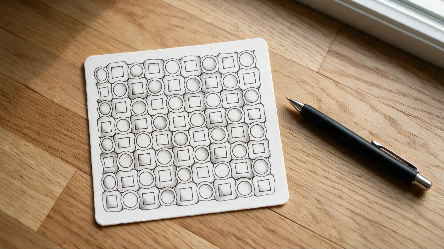 cadent zentangle pattern with repeating circles, squares, curved lines, and gentle shading on white paper