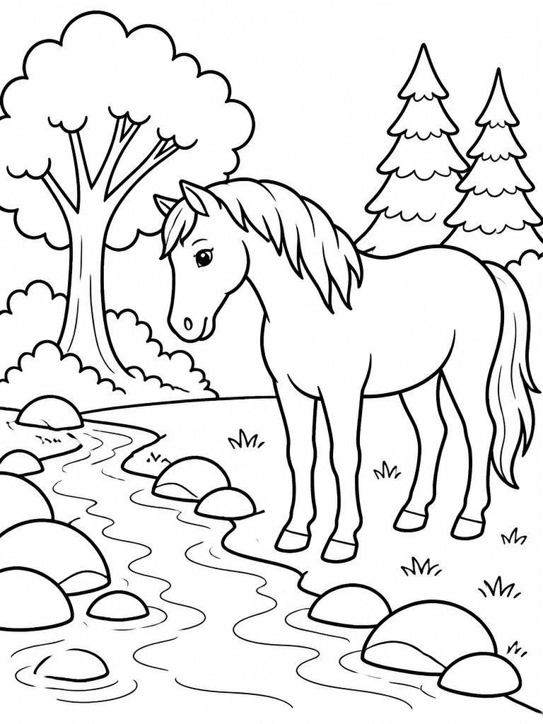 Calm horse standing beside a small stream with rocks, grass, and simple trees for children.