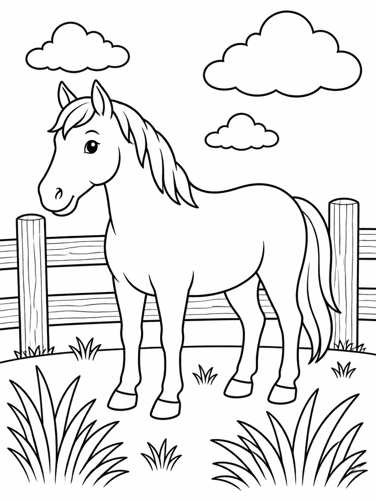 Calm horse standing beside a wooden fence with grass and clouds in a simple coloring page.