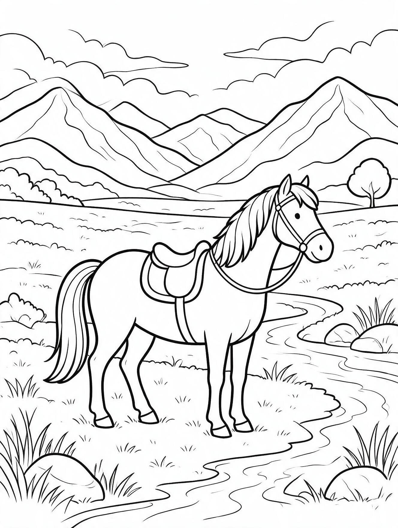 Calm horse standing in a grassy landscape with two simple mountains and clouds behind it.
