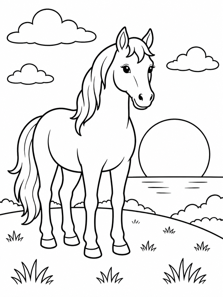 Calm horse standing on a hill beneath a large setting sun with clouds and simple grass.