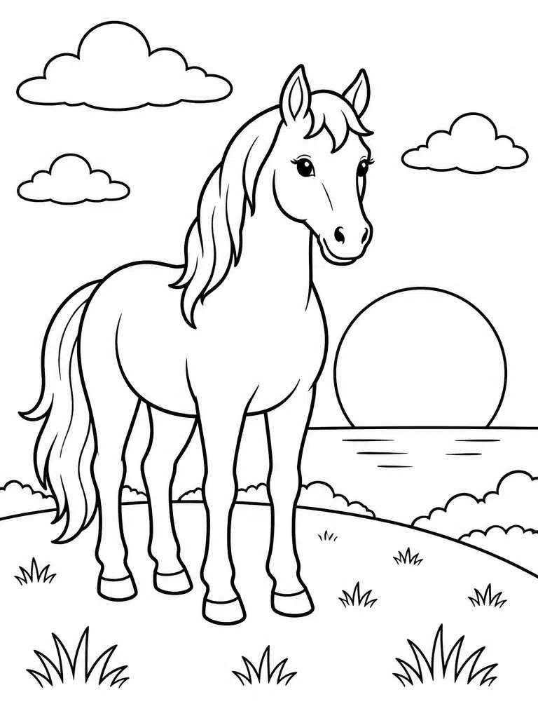Calm horse standing on a hill beneath a large setting sun with clouds and simple grass.