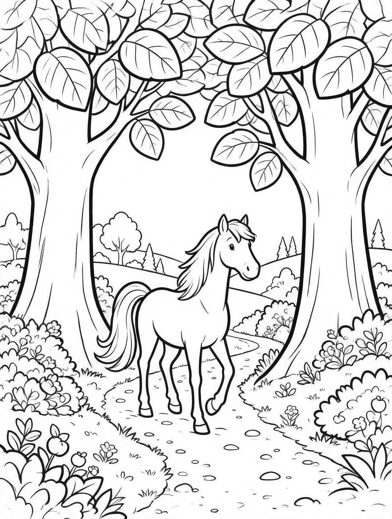 Calm horse walking along a simple forest path surrounded by large trees and leaves to color.