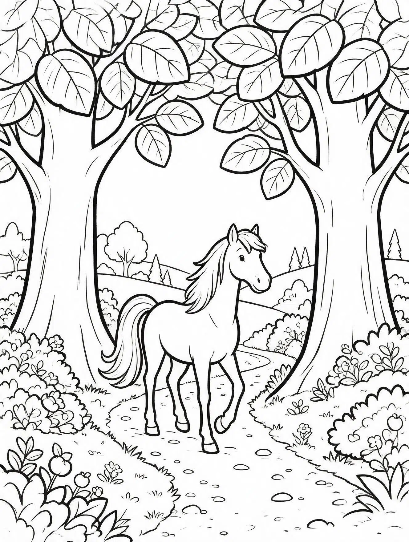 Calm horse walking along a simple forest path surrounded by large trees and leaves to color.
