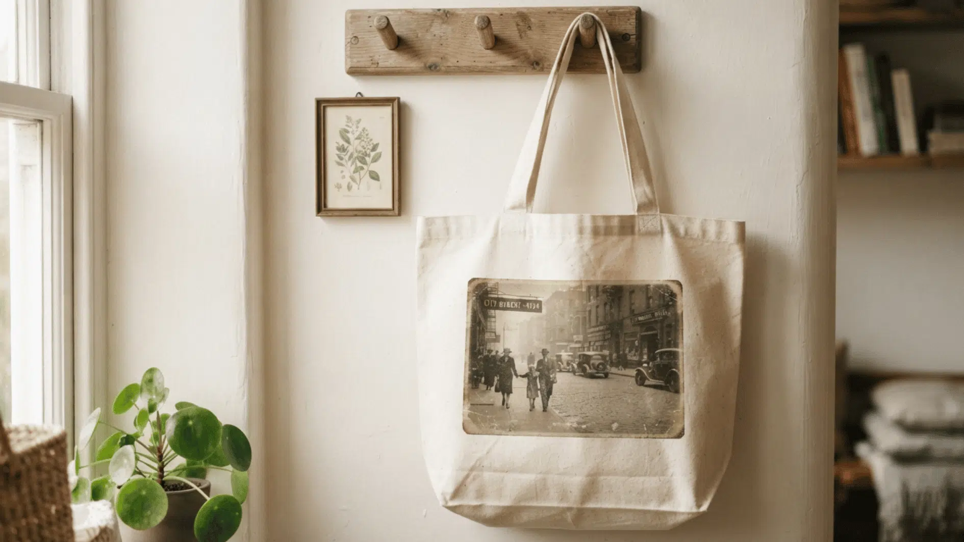 canvas tote bag with a vintage photo transfer hanging from a wooden wall rack