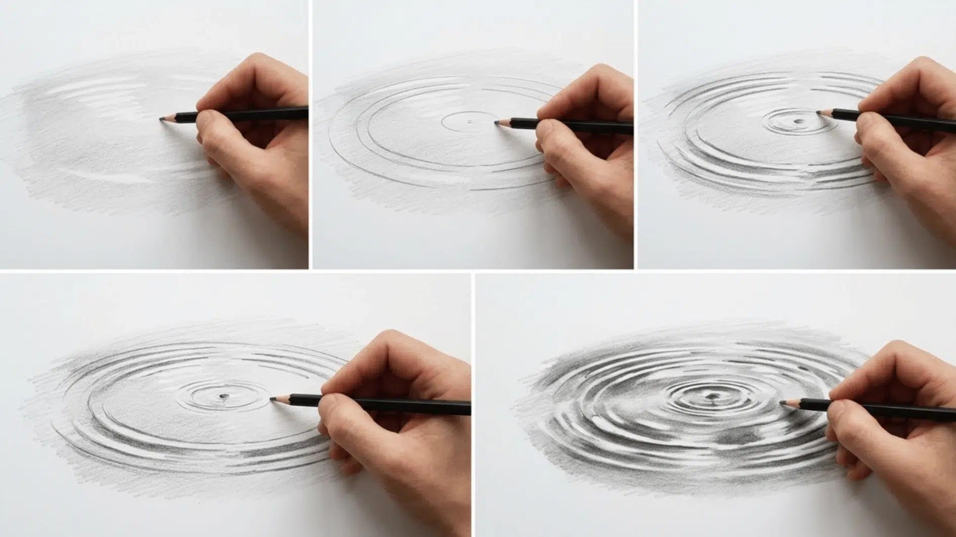 hand drawing water reflections and circular ripples in five progressive graphite sketching steps