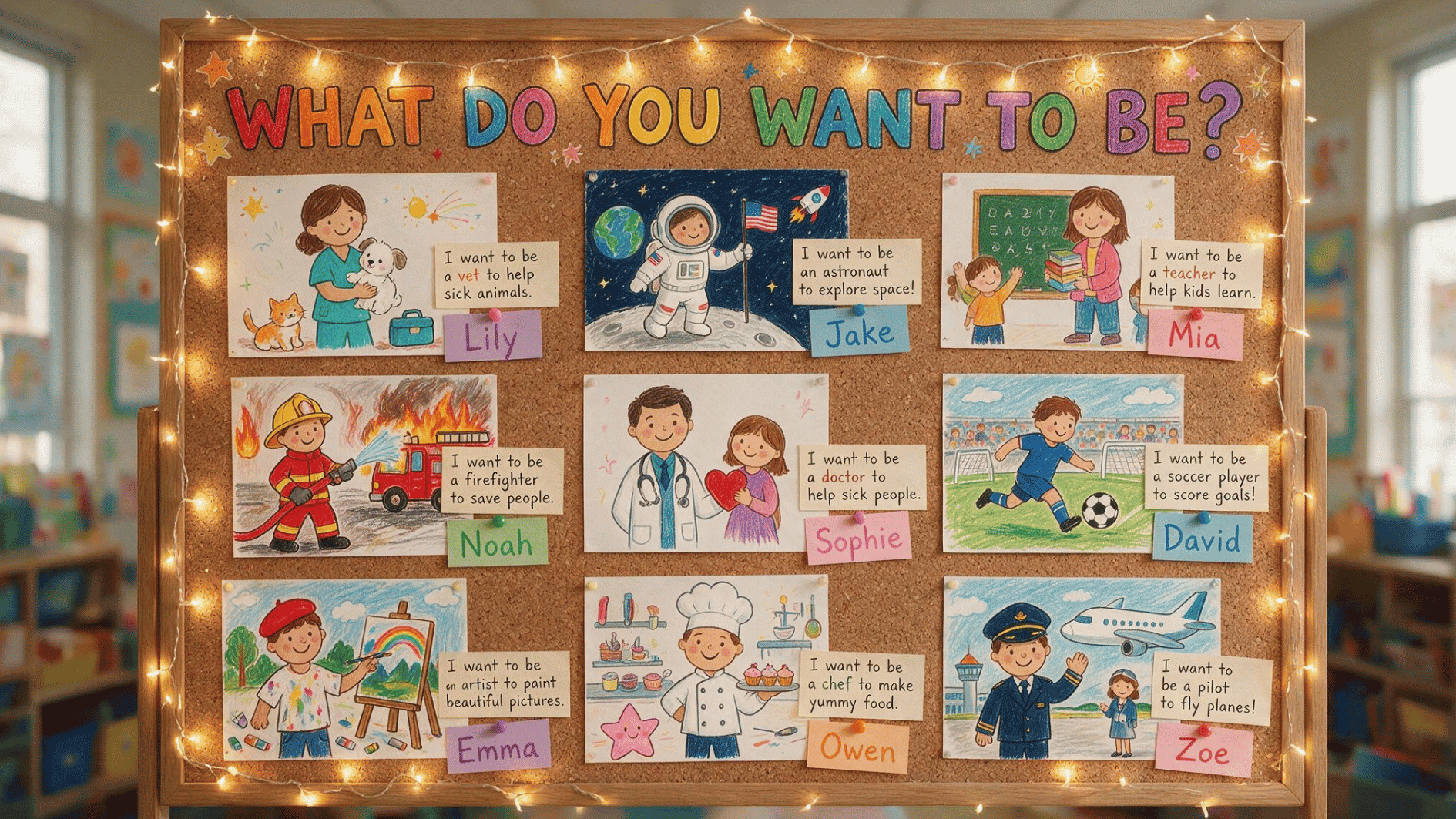 classroom careers board displaying students’ drawings of the jobs they want to pursue