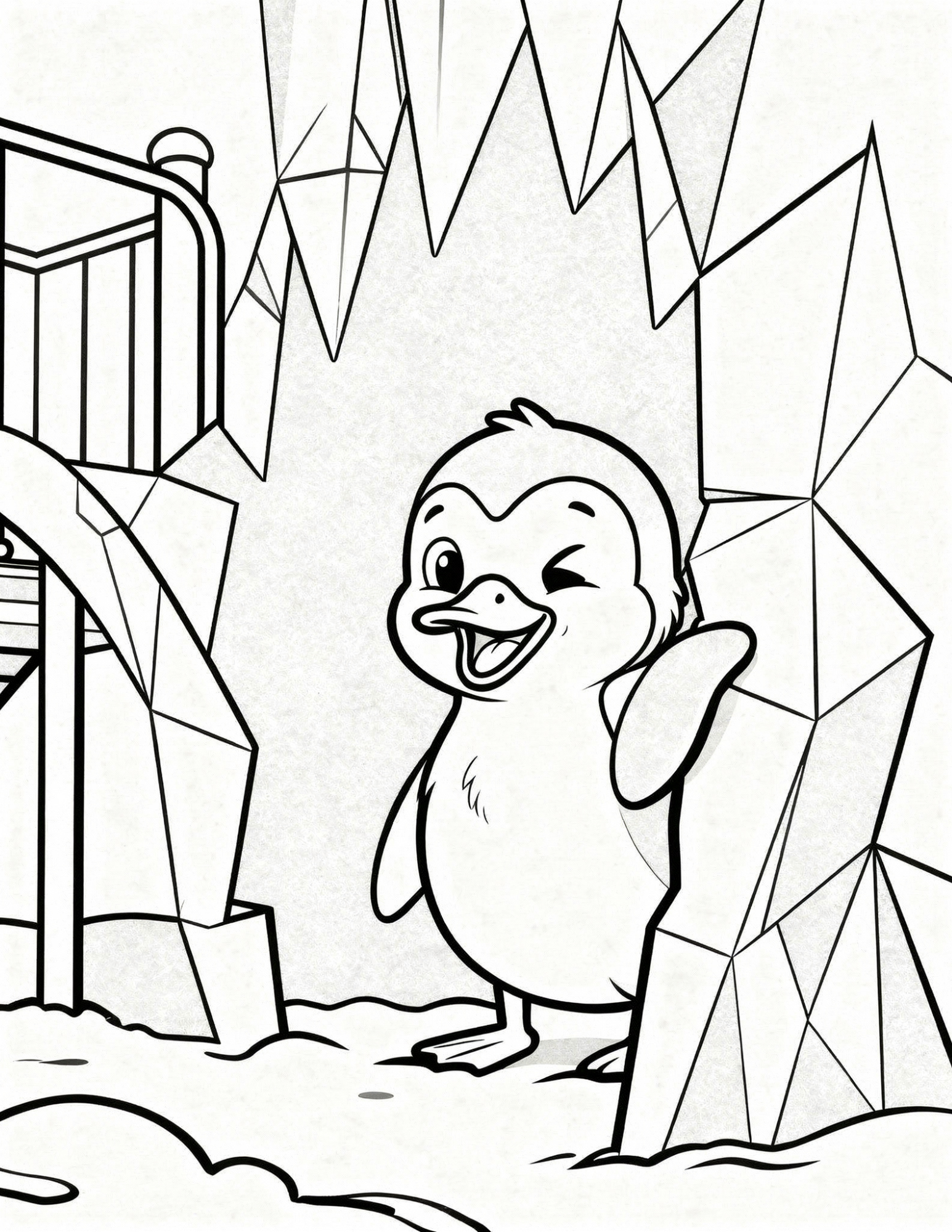 penguin hiding inside ice cave peeking shyly coloring page outline