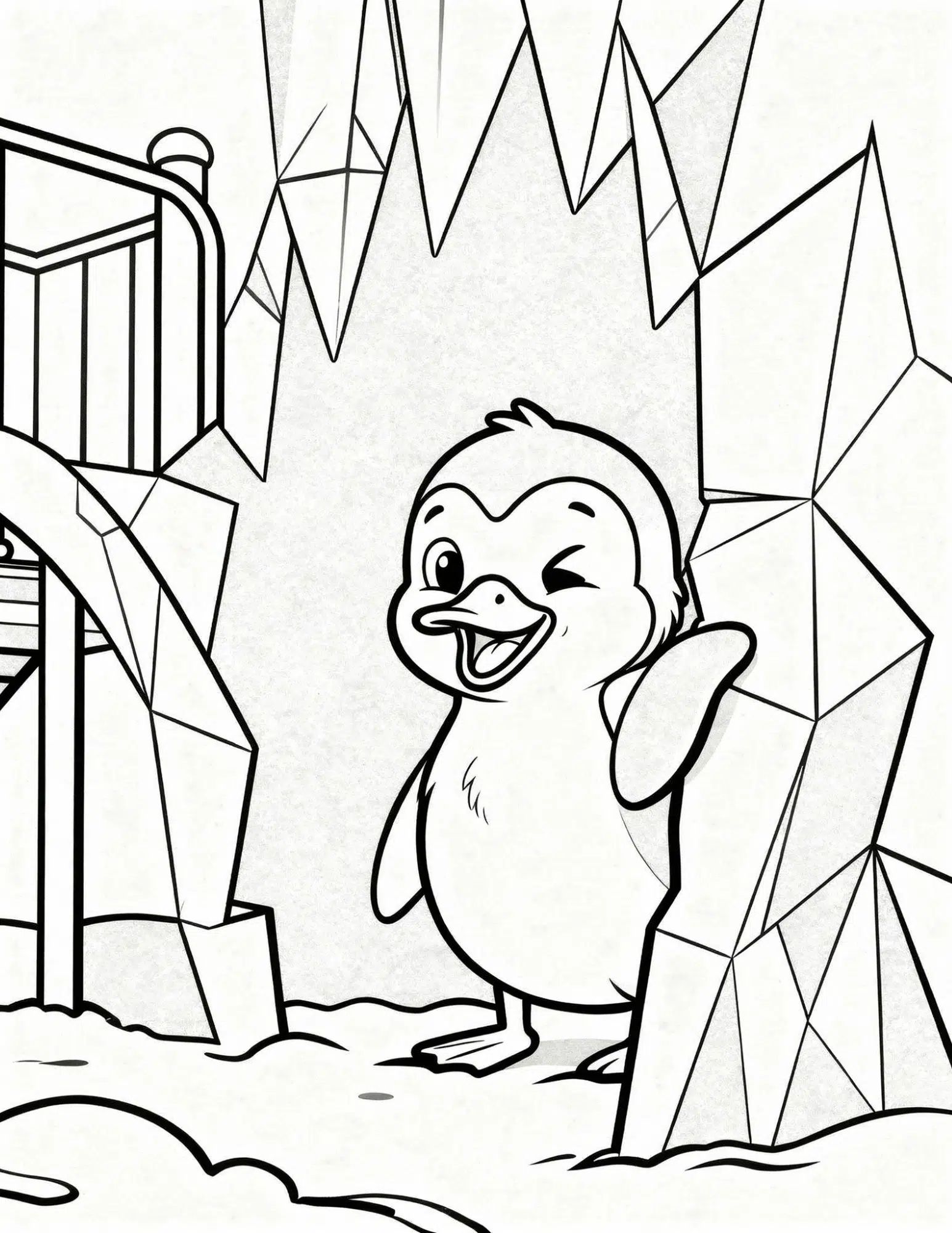 penguin hiding inside ice cave peeking shyly coloring page outline