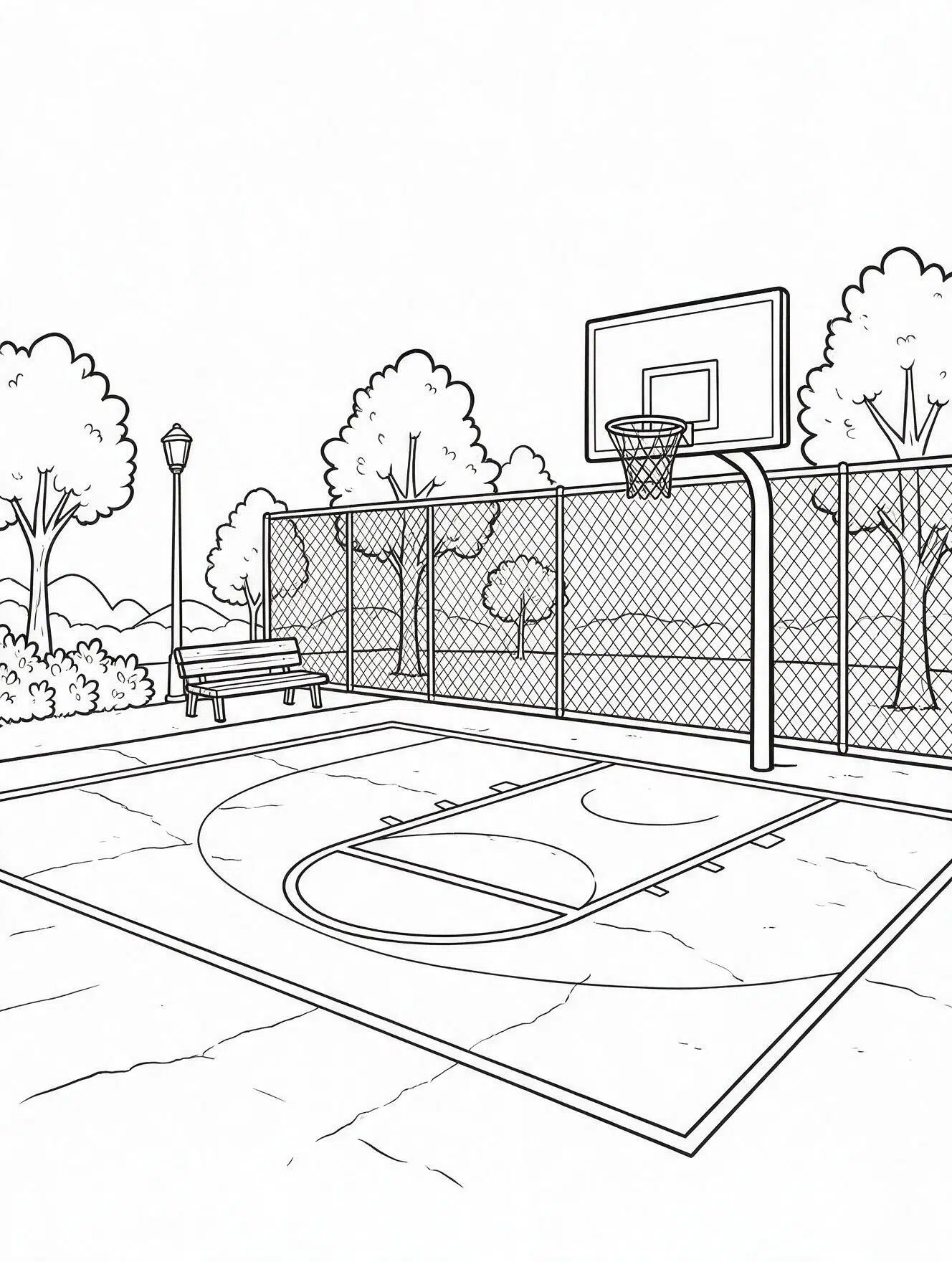 Outdoor basketball court coloring page with a chain net and park fence