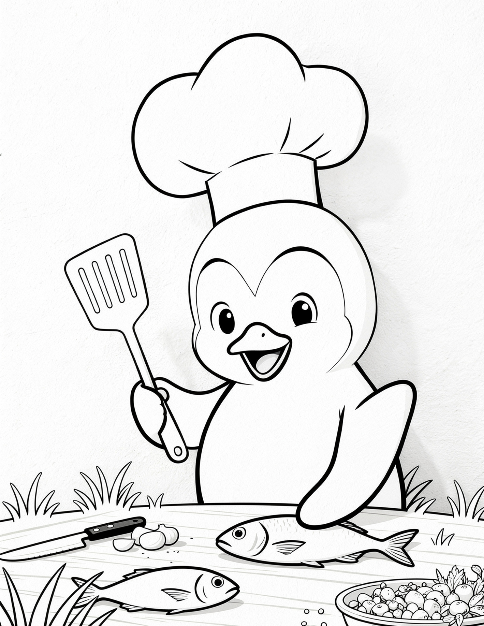 chef penguin cooking fish in kitchen coloring page outline