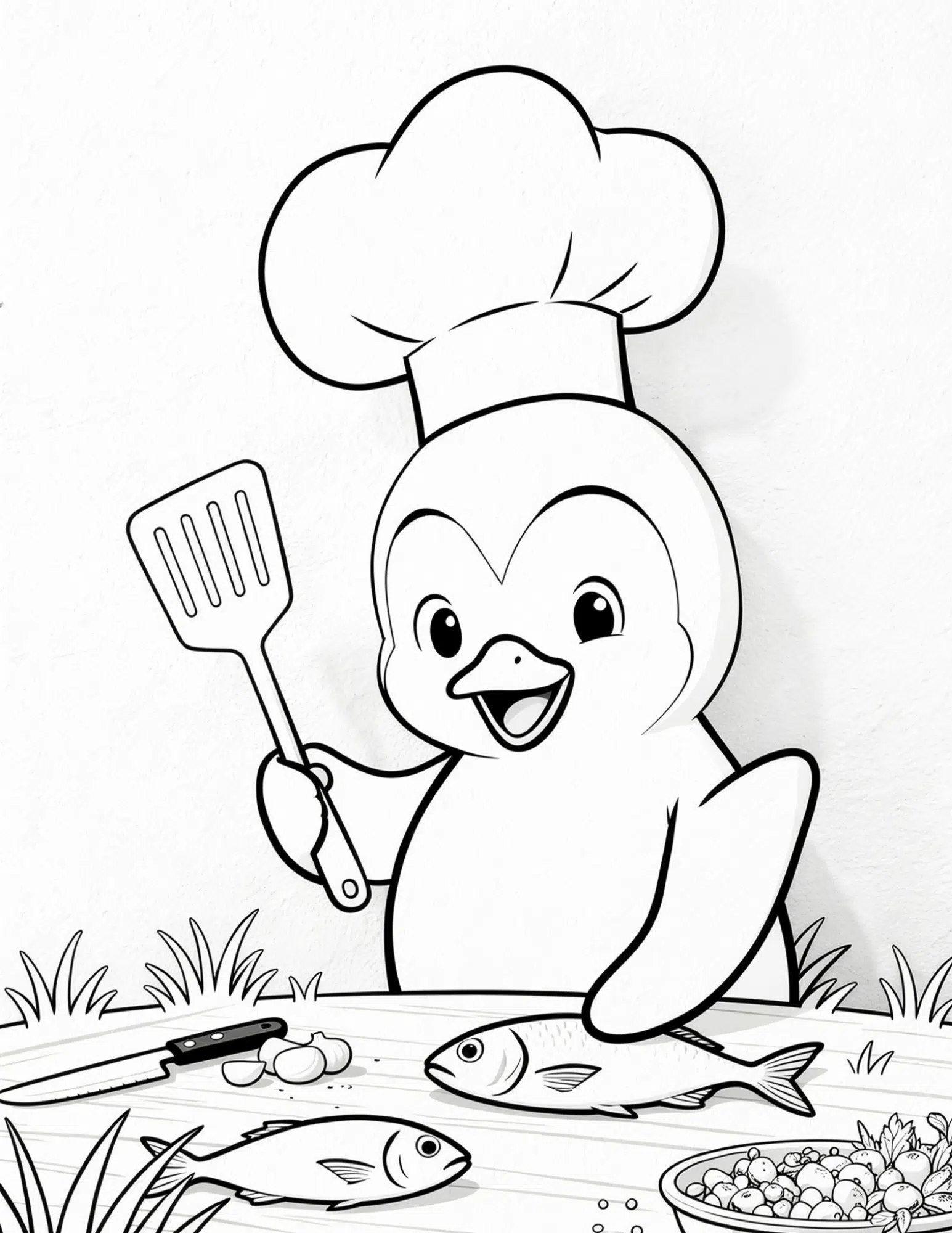 chef penguin cooking fish in kitchen coloring page outline