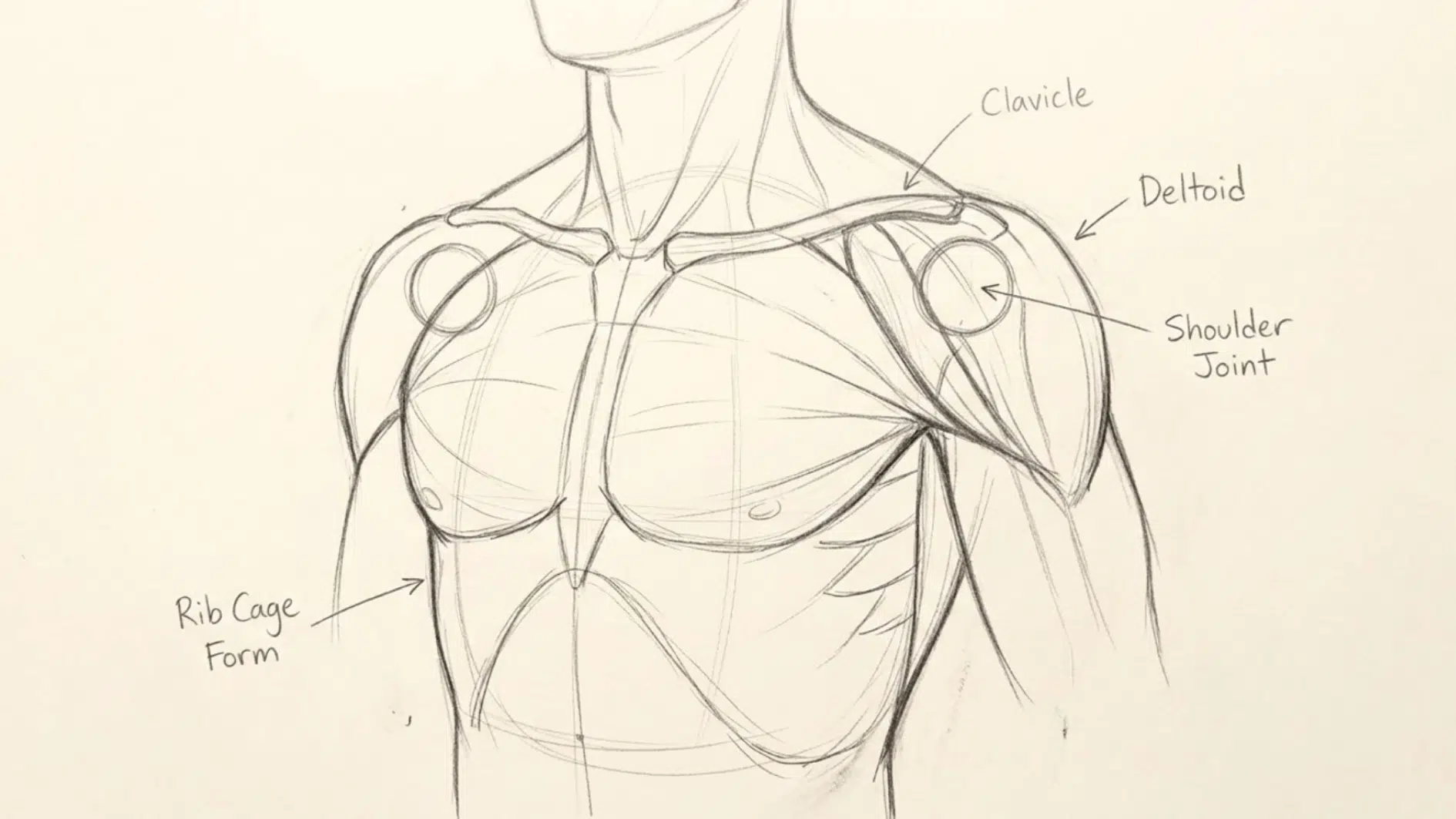 chest and shoulder anatomy drawing showing the rib cage, clavicles, deltoids, and shoulder joints for understanding upper body structure