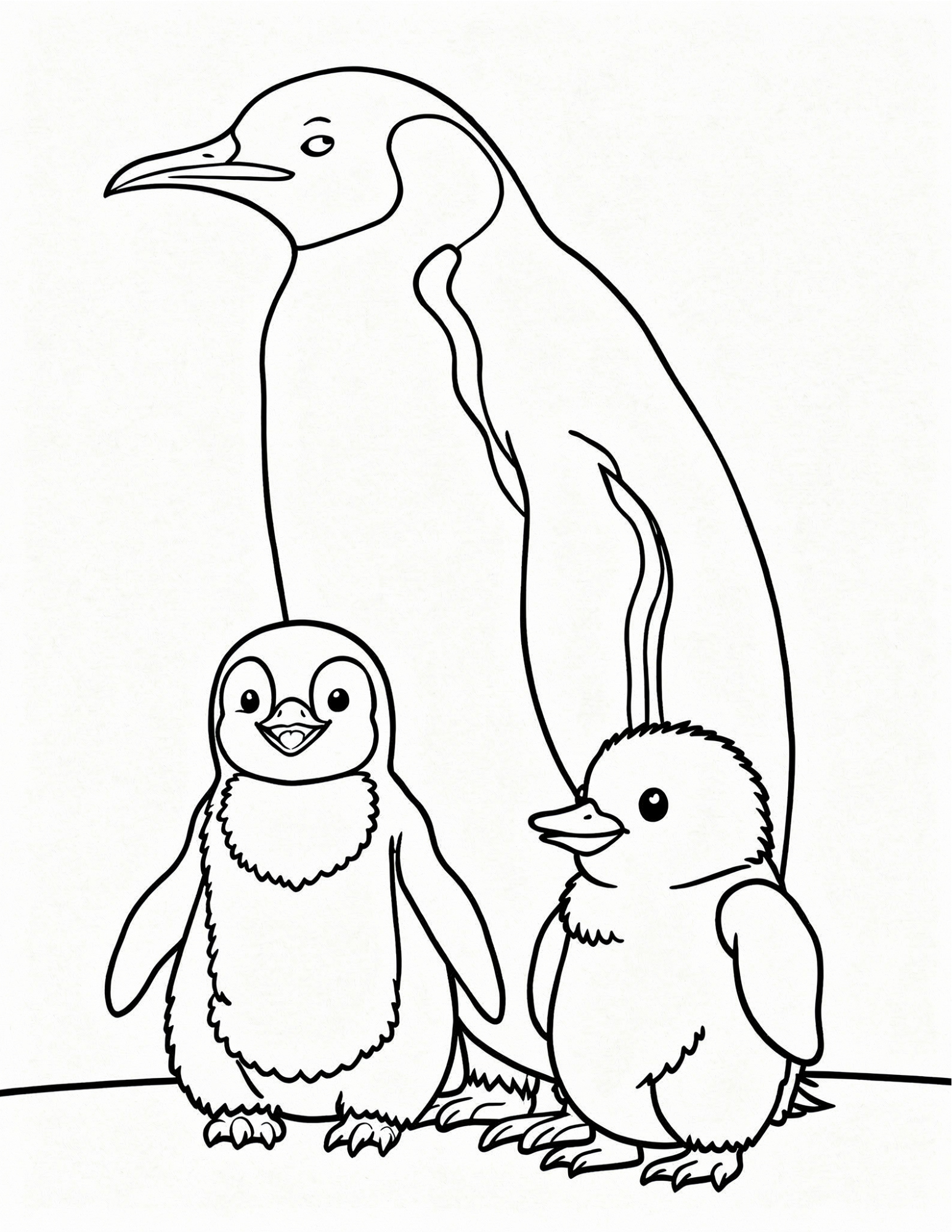 baby penguin with parent family bonding coloring page outline