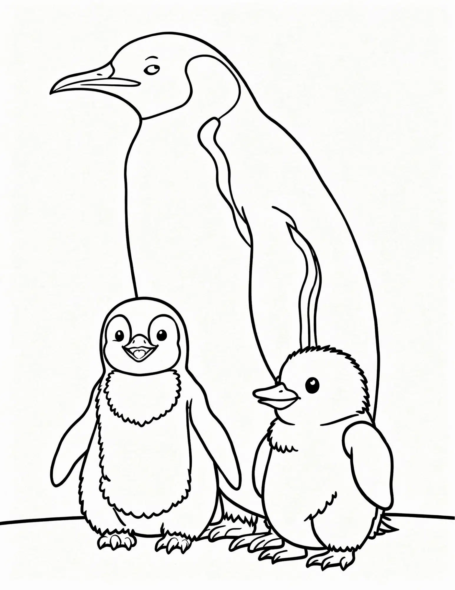baby penguin with parent family bonding coloring page outline