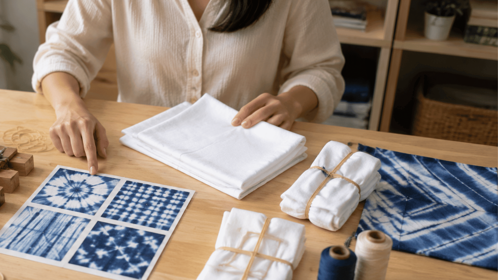 beginner choosing shibori patterns with folded fabric and dyeing tools on a wooden craft table