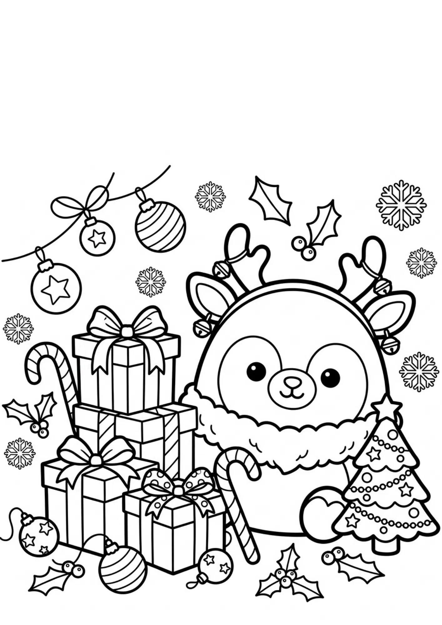 christmas squishmallow coloring page with festive decorations and printable black and white holiday coloring design for kids