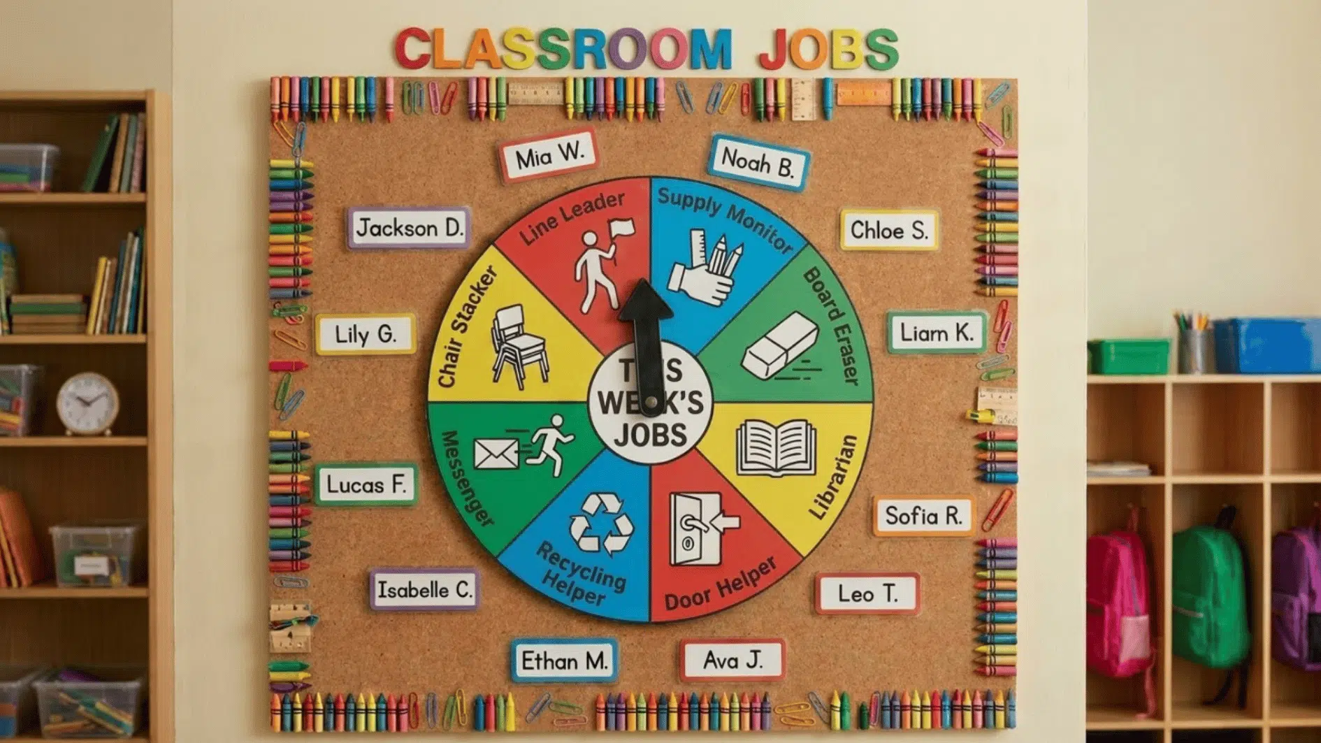 classroom jobs bulletin board with a rotating wheel assigning weekly student responsibilities