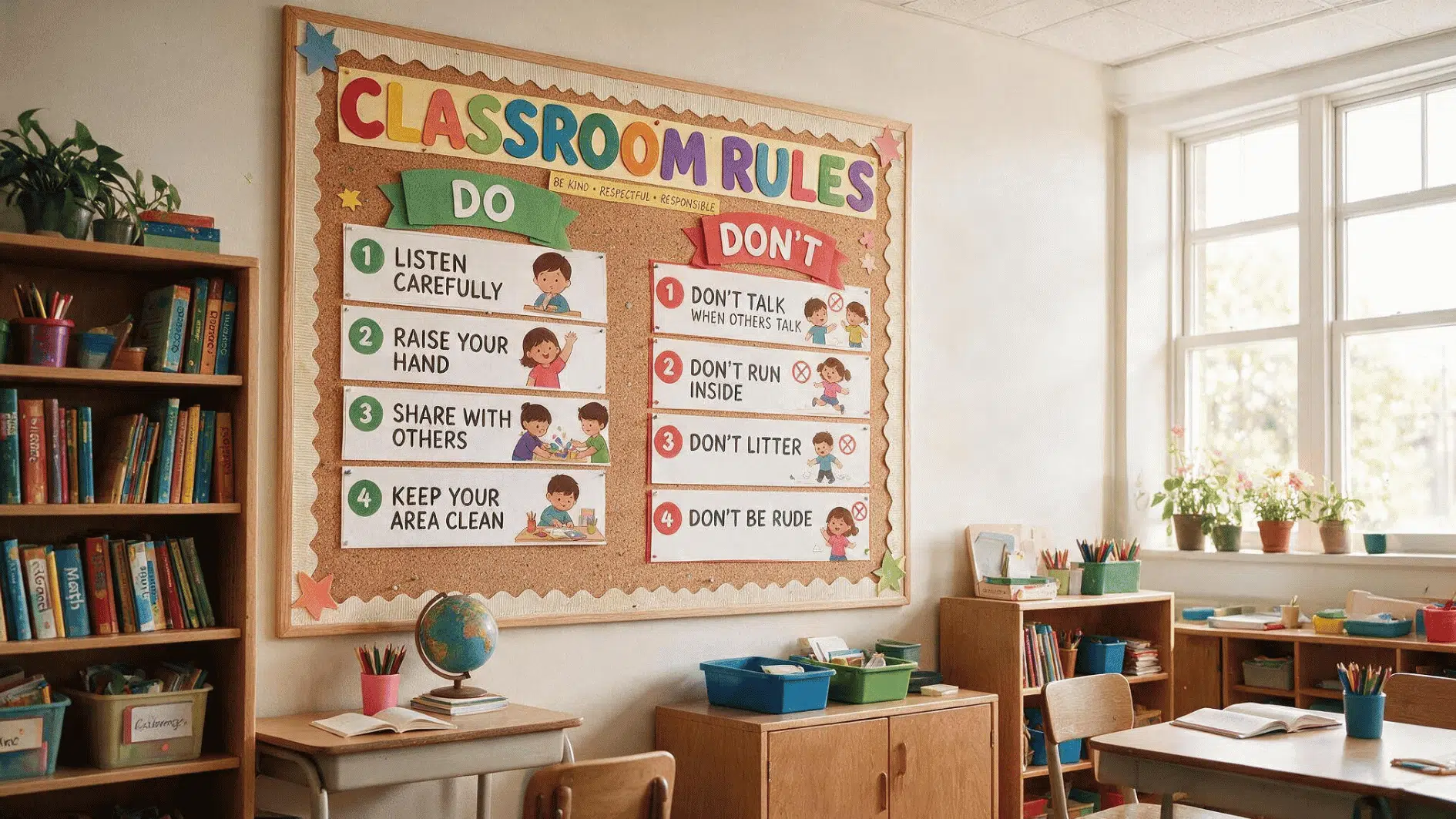 classroom rules bulletin board displaying positive dos and don’ts beside bookshelves and student desks