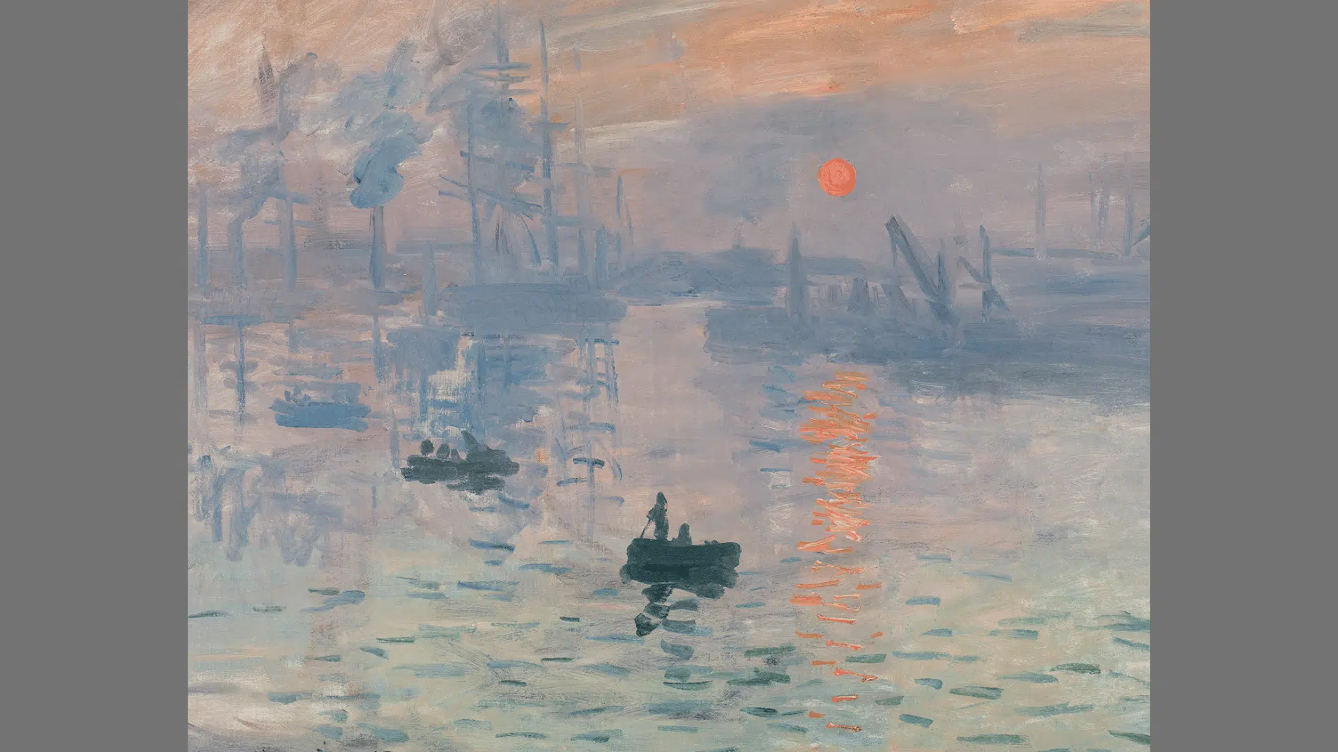 claude monet's impression, sunrise showing a misty harbor, boats, and an orange sun reflected on water