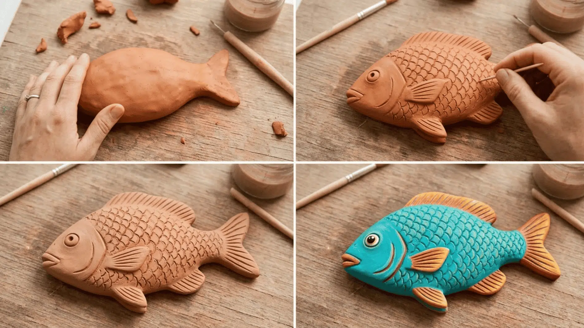 four panel sequence showing a clay fish being shaped, carved with scales and fins, and painted turquoise with orange accents on a wooden worktable
