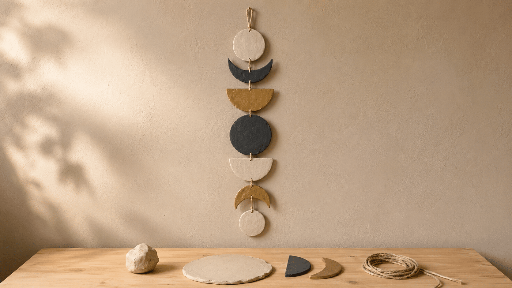 clay wall hanging showing circular and crescent moon phases