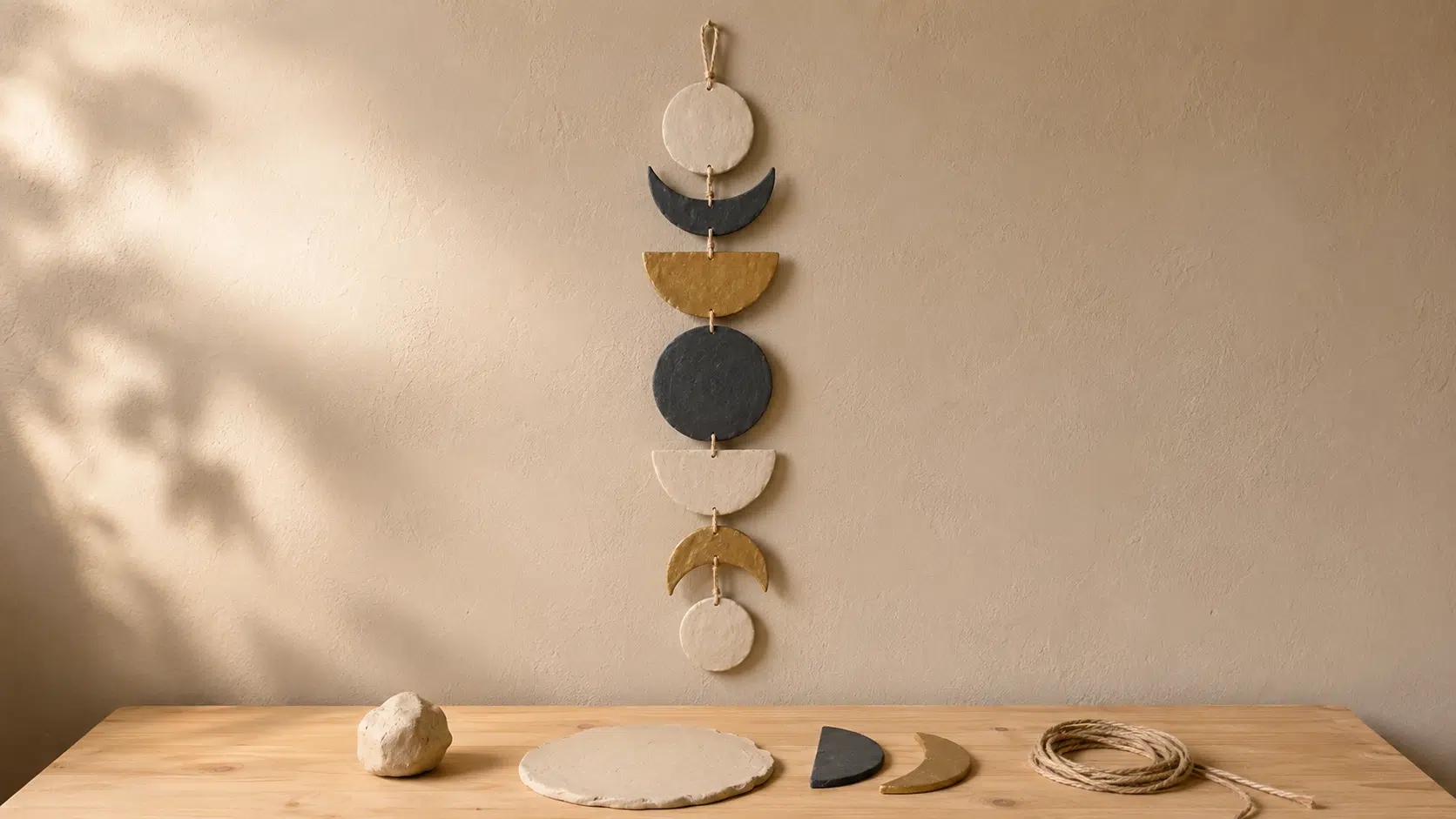 clay wall hanging showing circular and crescent moon phases