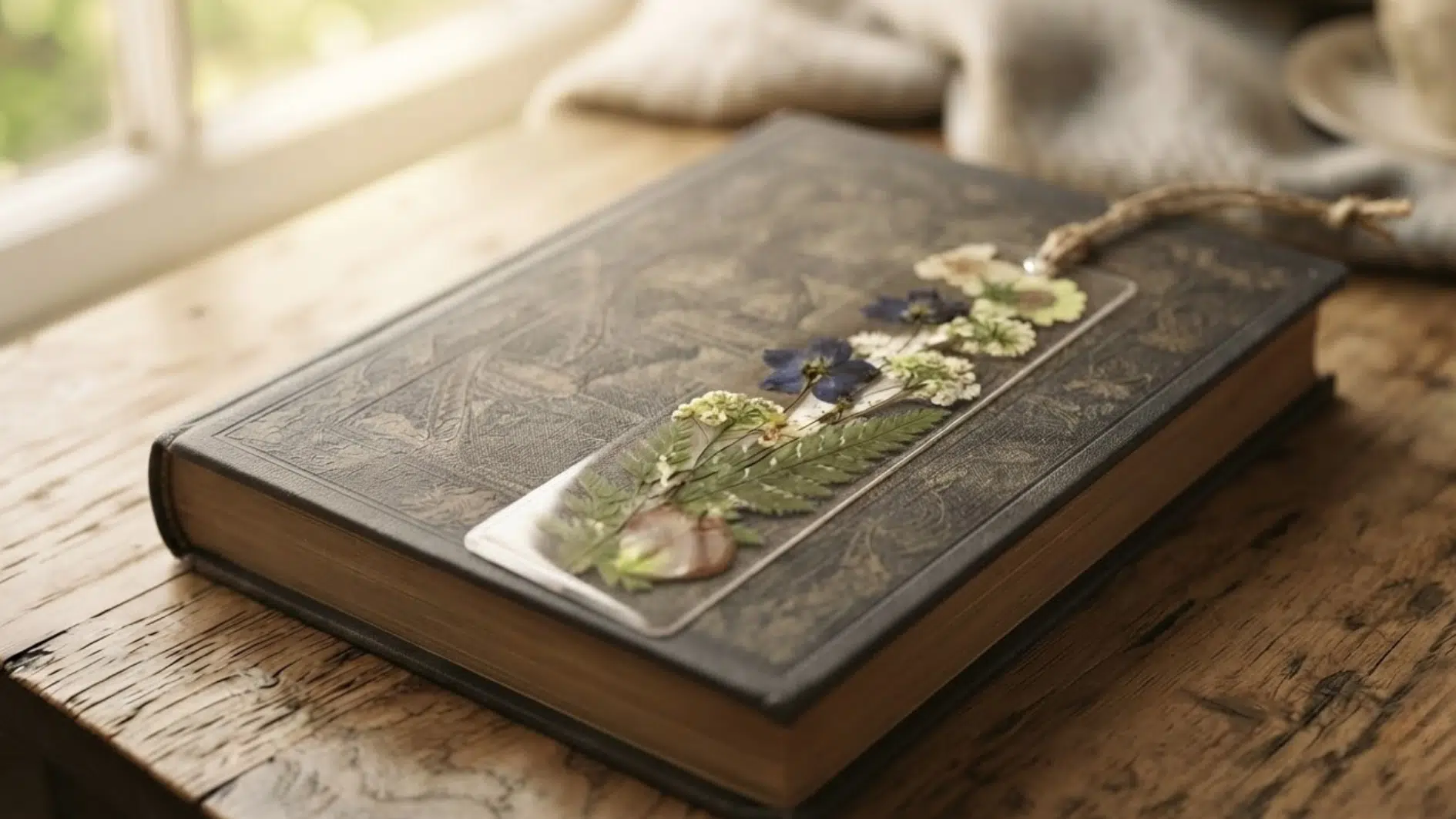 clear bookmark filled with pressed flowers resting on book