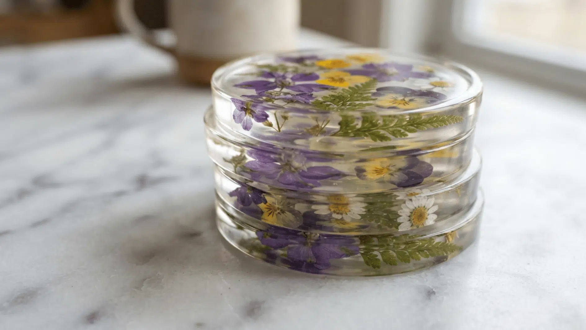 clear resin coasters decorated with pressed purple yellow and white flowers on a marble surface