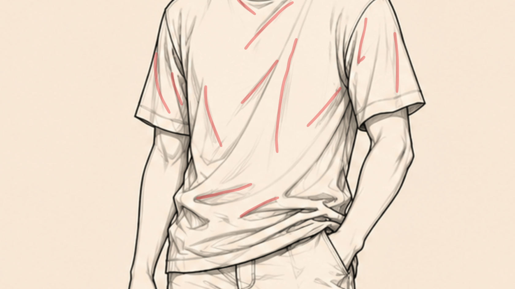 clothing folds with secondary creases marked with red on a beige background