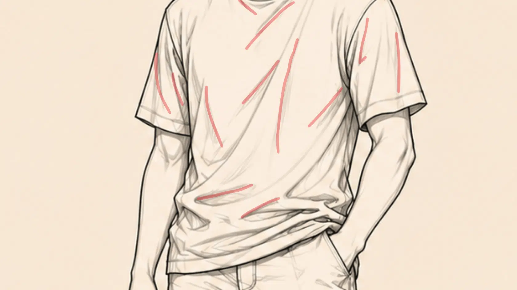 clothing folds with secondary creases marked with red on a beige background