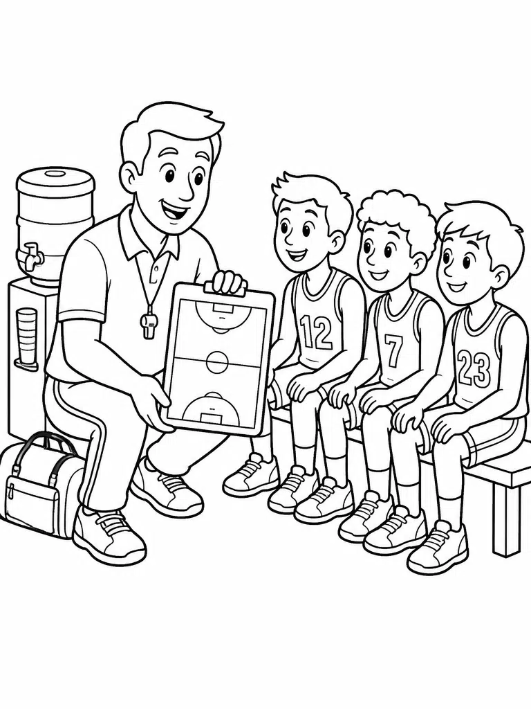 Basketball coach coloring page with a blank clipboard play diagram to draw on